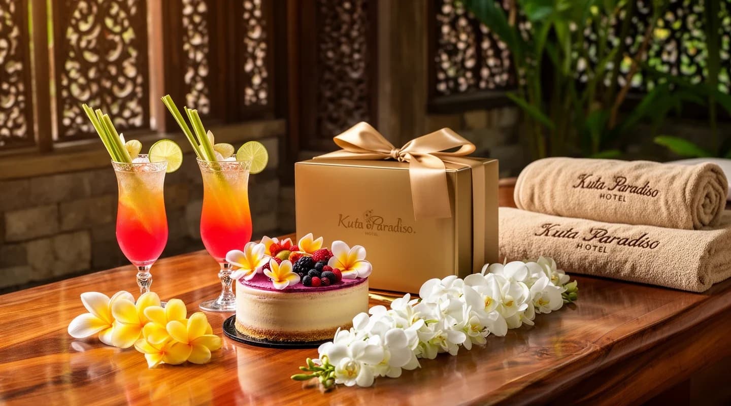 Kue ulang tahun, dekorasi, serta dua koktail atau mocktail khas.